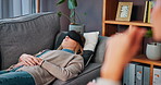 Psychologist, person and woman with blindfold in office for mental health, advice and counseling. Psychology, consultation and patient with sensory deprivation for discussion, support and therapy