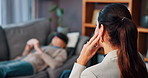 Psychology, consultation and back of woman in office for mental health, advice and counseling. Patient, blindfold and psychologist with sensory deprivation for discussion, support and communication