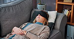 Mental health, woman and consultation with sleep mask, help or therapy technique for client on sofa. Psychology, patient and blindfold to visualize trauma, talking and memory of subconscious images