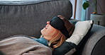 Mental health, woman and therapy with sleep mask, help or consultation technique for client on sofa. Psychology, patient and blindfold to visualize trauma, talking and memory of subconscious images
