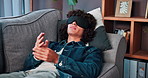 Psychology, man and patient with sleep mask, help and therapeutic technique for subconscious images. Consultation, client and blindfold to visualize trauma, talk and memory for mental health on couch