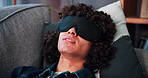 Consultation, man and therapy with sleep mask, help and mental health technique for patient on sofa. Psychology, client and blindfold to visualize trauma, talking and memory of subconscious images