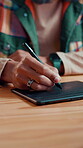 Sketching, tablet and graphic design on desk, hands and creative for web with digital app or online. Drawing, artist and person with tech for retouch, process or brand designer with project in office