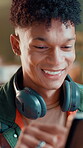 Happy, man and laugh with tablet at house for research, news trend and live streaming platforms. Male person, influencer and digital for reading comments, social media post and editing podcast script