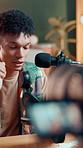 Influencer, virtual reality and man with review recording for feedback, opinion and tech podcast in home. Content creator, social media and person with vr goggles for gaming, guide and live streaming