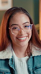 Happy, influencer and face of woman in studio for podcast, live streaming or broadcast channel. Smile, portrait and female content creator from Brazil with creative career for online talk show.