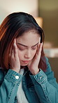 Headache, stress and woman with glasses in home for eye strain, brain fog or pressure of unemployment. Dizzy, fatigue and tired female person with migraine, vertigo or exhaustion for job hunting.