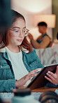 Studio, woman and content creation with tablet, browsing and smile for productivity, online and web. Happy, influencer and person with tech for video editing, creative and color grading for podcast