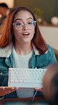 Keyboard, streamer and influencer with woman in studio for gamer channel, sponsorship and tech guide. Product review, gaming equipment and promotion with person in home for recording and social media
