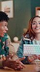 Keyboard, streamer and recording with people in studio for gamer channel, sponsorship and tech guide. Product review, gaming equipment and promotion with man and woman in home for influencer opinion