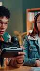 Virtual reality, streamer and advice with people in studio for gamer channel, sponsorship and tech guide. Review, vr headset and promotion with man and woman in home for influencer and recording