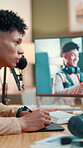 Computer, creative and video editing with software, man and content creation on website and serious. Media production, influencer and person with tech for process, screen and consistency for vlog