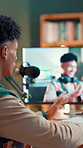 Man, live streaming and video editing in studio with talk, info or tips for content creation in home. Person, influencer and discussion with production, software and digital tools for social media