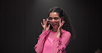 Fashion show, wink and model or woman on runway for luxury collection, designer clothes and event. Wardrobe showcase, aesthetic and catwalk with person walking on stage for style, industry and trends