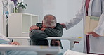Sad man, stress or doctor with empathy on hospital bed for fail operation, mistake or bad news. Senior, male person or sympathy with medical worker for grief, condolence or mental breakdown at clinic