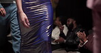 Fashion show, walking and clothes with models on runway for luxury collection, designer and event. Wardrobe showcase, aesthetic and catwalk with people on stage for style, industry and trends