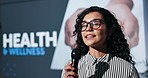 Happy woman, presentation and health seminar with mic for wellness speech, awareness or campaign. Female person, business presenter or speaker for healthcare talkshow, medical convention or startup