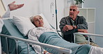 Doctor, elderly couple and patient on hospital bed for recovery, healthcare or treatment at clinic. Senior, man and woman listening to medical professional for health advice, diagnosis or results