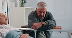 Worry, sad and senior couple in hospital with bad news, terminal diagnosis and medical results. Healthcare, marriage and man with woman in bed visit for comfort, support and care for surgery recovery