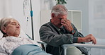 Tired, senior couple and man by hospital bed with cancer patient, illness or thinking with headache. Clinic, visitor and sick person with disease, depression or stress with worry for health recovery
