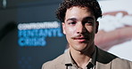 Man, presenter and convention with talk by screen for drugs, info or solution for addiction crisis. Person, speaker and speech at conference for fentanyl awareness, substance and narcotics on stage