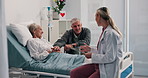 Senior couple, doctor and talk by hospital bed with clipboard, good news or recovery in retirement. Elderly woman, medical consulting and illness for advice, listen or happy for healing at clinic