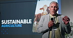 Mature, businessman and speech at seminar for sustainable agriculture or economic growth. Man, executive or speaker talking with mic or screen for presentation, environmental campaign or change