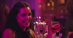 Happy woman, dancing or chat with drink at night club for social, fun conversation or energy at bar. Excited, female person or smile with alcohol in late evening for party chill, vibes or good times