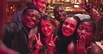 Happy people, faces or selfie at night club for memory, picture or photography together at party. Portrait, excited group or friends with smile, emoji or peace sign in late evening for capture moment