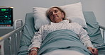 Senior woman, sick and sleeping in hospital bed with rest, tired and recovery in retirement. Elderly person, fatigue and exhausted with illness, rehabilitation and healing for wellness at clinic