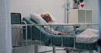 Senior woman, sleep and bed in hospital for post surgery, recovery and tired from anesthesia. Elderly patient, asleep and iv drip for healthcare services, wellness and treatment from operation in ICU