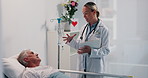 Senior man, doctor and clipboard by hospital bed for report, good news or recovery in retirement. Elderly person, medical consulting and illness for advice, checklist or explain for healing at clinic