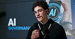 Microphone, convention and speech of man for ai governance or data science. Male speaker, seminar or conference for training, accountability and learning about future of technology at business event
