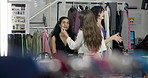 Woman, makeup artist and backstage with brush for application or prepare. Behind the scenes, cosmetics and model getting ready with stylist for foundation or fashion photoshoot in production studio