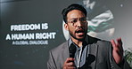 Businessman, presentation or seminar with mic for human rights, freedom or political statement. Man, speaker or spokesperson talking for palestine speech, cease fire or fight for equality or humanity