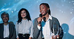 Happy woman, thank you or speech with award at seminar for congratulations or milestone achievement. Female person, employee or speaking with smile in celebration for nomination or trophy at ceremony