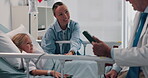 Doctor, mother and recovery with daughter in hospital bed for consulting, operation or surgery. Happy, medical or tablet with girl child, single parent woman and surgeon in clinic for healthcare