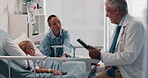 Doctor, mother and tablet with daughter in hospital bed for consulting, operation or surgery. App, medical or recovery with girl child, single parent woman and surgeon in clinic for healthcare