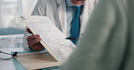 Doctor, patient and hands with contract for medical aid, life insurance or application in clinic. People, healthcare employee and clipboard with form, survey or documents for registration or service