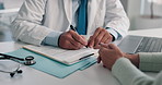 Doctor, hands and patient with document for medical aid, life insurance or application in clinic. People, explain healthcare and clipboard for form, survey or contract for service registration