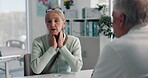 Senior patient, doctor and sore throat in clinic for medical services, consultation or opinion. People, symptoms and woman in discussion for appointment, checkup and healthcare with illness or virus