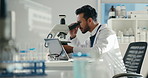 Scientist, man and microscope with laptop for chemistry, project breakthrough or medical research. Biotech, laboratory and report with DNA solution for pharmaceutical RNA or chemical experiment study