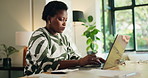 Black woman, remote work and typing on laptop with paperwork for accounting, finance or budget. Computer, home and freelancer with document for tax invoice, bookkeeping and audit review with report