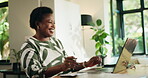 Happy, entrepreneur and woman with laptop, calculation and financial success with profit on website. Excited, black person and plan for return on investment, tech and asset management with calculator
