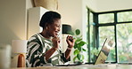 Celebrate, freelancer and woman on laptop with calculator for accounting, profit or revenue growth. Computer, remote work and success with happy African person for goal or positive cashflow at home