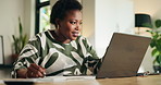 Happy, entrepreneur and woman with laptop, writing and calculation for financial success on website. Excited, black person and planning for return on investment, online and asset management with tech