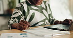 Hands, woman and writing on clipboard for accounting, financial planning and budget review. Female person, laptop and audit bills of finance research, statistics document and online expenses at house