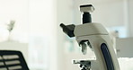 Research, science and microscope in empty laboratory for DNA innovation, discovery or project. Scientific, microbiology and biotechnology equipment for medical RNA analysis with breakthrough.