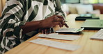 Black woman, hands or audit with calculator for accounting, financial planning or budget at home. Female person, receipt or invoice with calculation or payslip for finance, expenses or bills at house