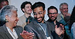 Businessman, woman and applause in audience at conference with cheers for profit at company. People, smile and excited with celebration, goals and team for revenue increase at financial convention